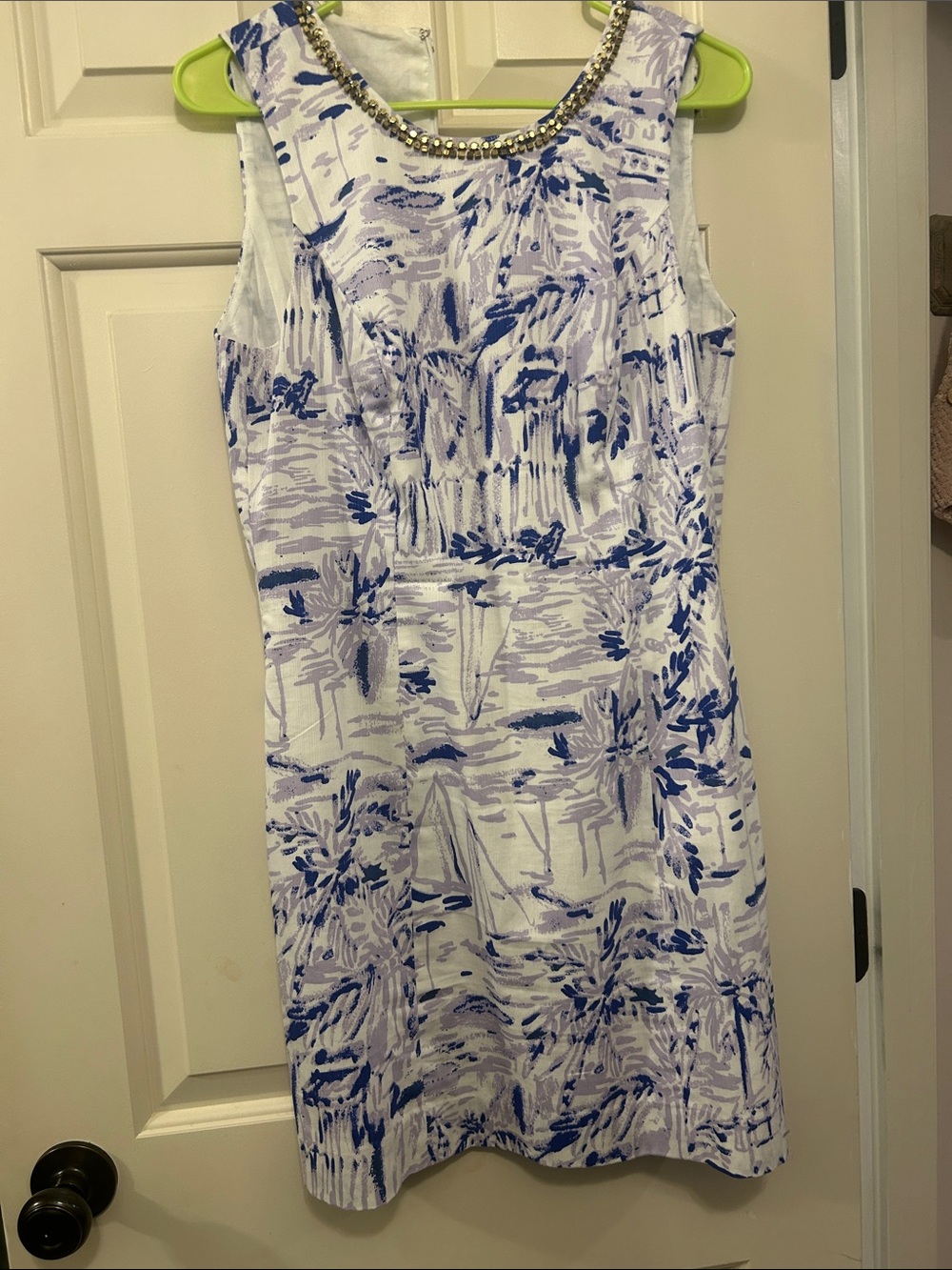 Beaded Neckline Blue & White Mini Dress